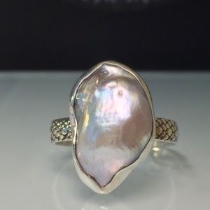 Raw Pearl Ring. Freeform Silver Pearl Ring